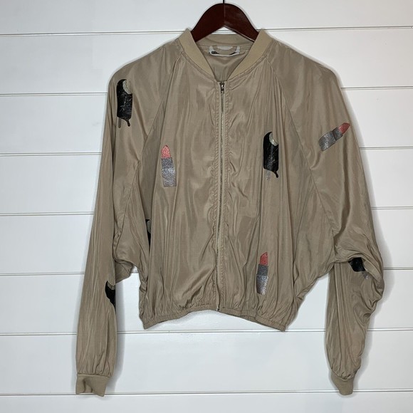 NOISY MAY Jacket Small Lip Stick Ice Cream Bars Tan Beige Short Cropped British - Picture 1 of 8